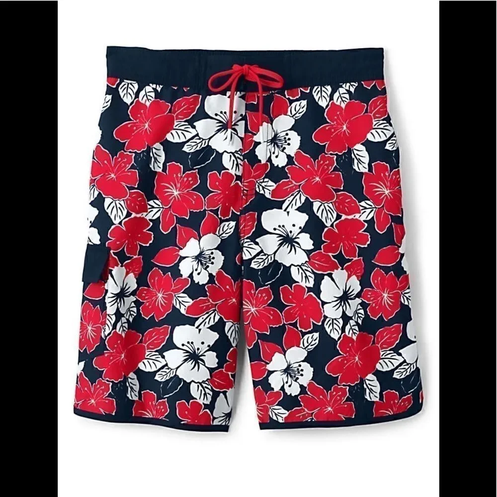 Land’s End men’s Floral better board Swim Shorts floral  blue red white tie L